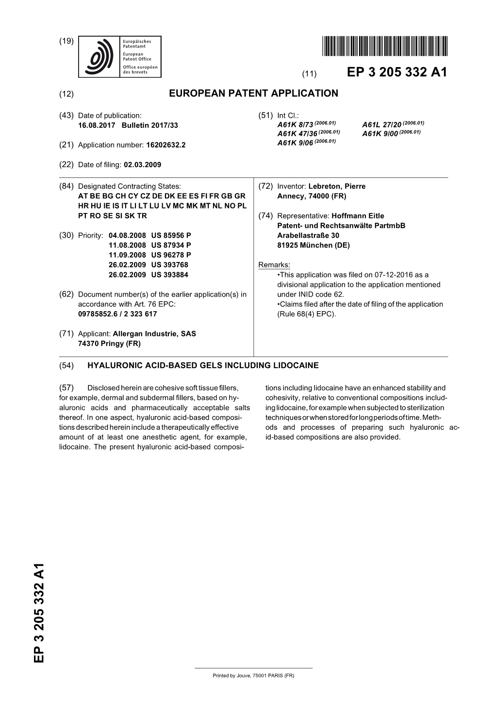 Hyaluronic Acid-Based Gels Including Lidocaine