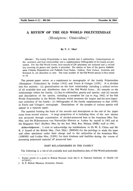 REVIEW of the OLD WORLD POLYCTENIDAE (Hemiptera: Cimicoidea) L