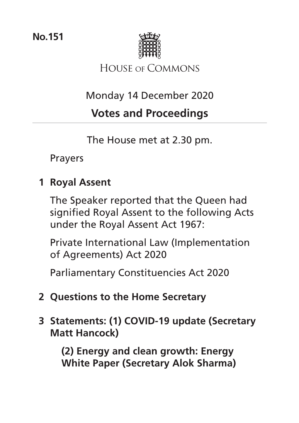 Votes and Proceedings for 14 Dec 2020
