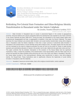 Rethinking Pre-Colonial State Formation and Ethno-Religious Identity Transformation in Hausaland Under the Sokoto Caliphate by Lenshie, Nsemba Edward & Ayokhai, F.E.F