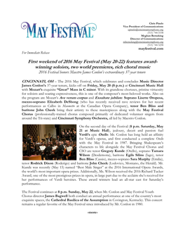 First Weekend of 2016 May Festival (May 20-22) Features Award