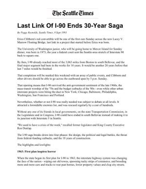 Last Link of I-90 Ends 30-Year Saga by Peggy Reynolds, Seattle Times, 9 Sept 1993