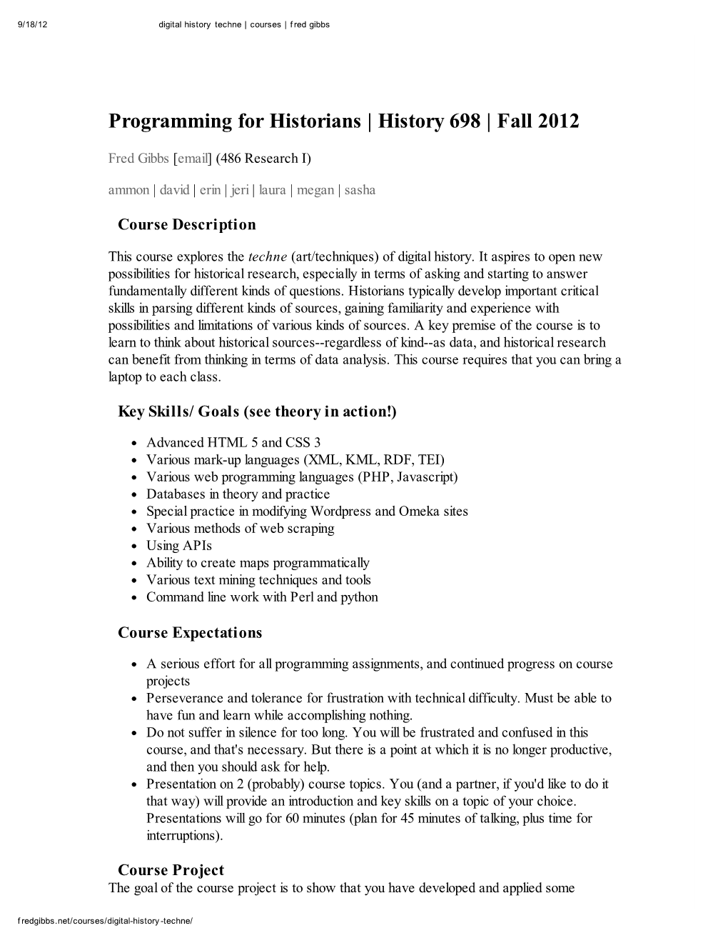 Programming for Historians | History 698 | Fall 2012