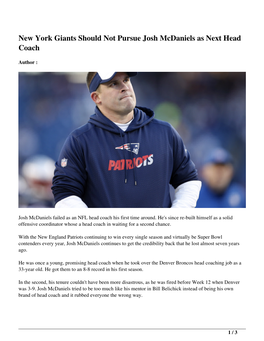 New York Giants Should Not Pursue Josh Mcdaniels As Next Head Coach