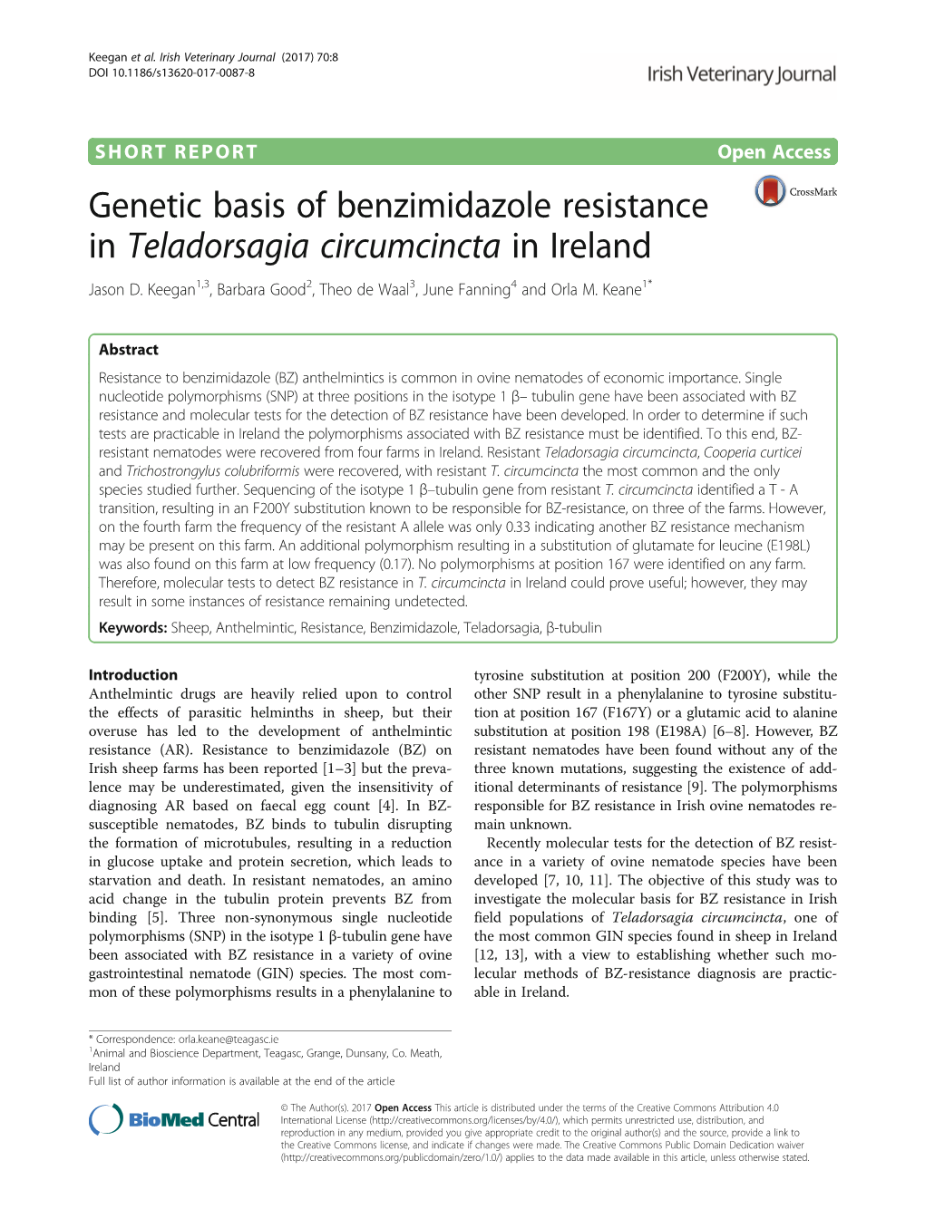 Genetic Basis of Benzimidazole Resistance in Teladorsagia Circumcincta in Ireland Jason D