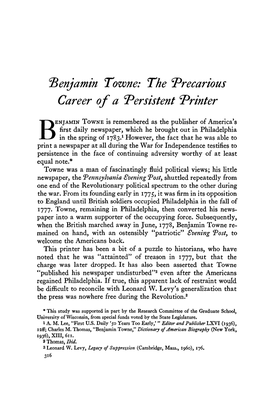 Benjamin Towne: the Precarious Career of a Persistent Printer