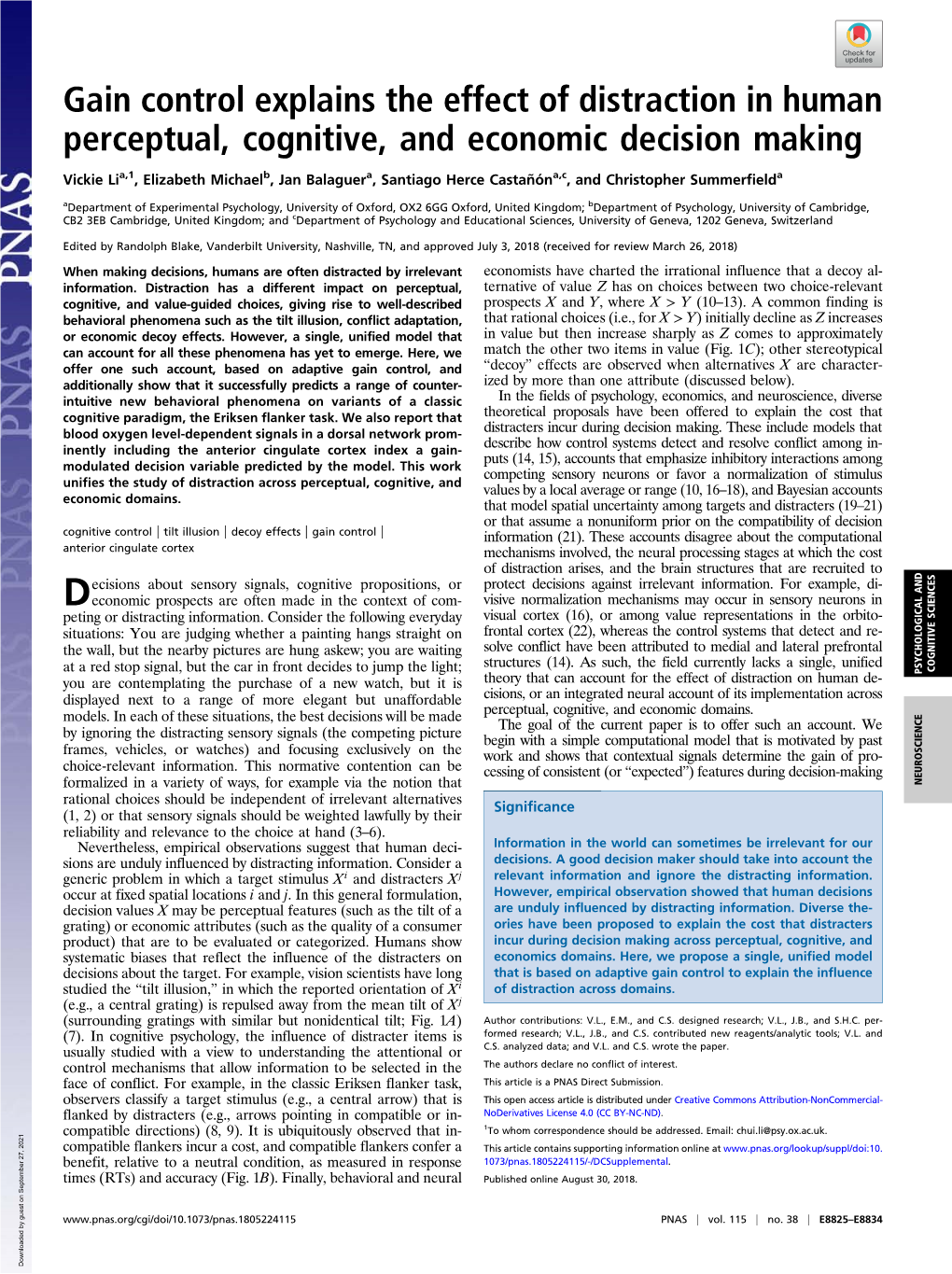 Gain Control Explains the Effect of Distraction in Human Perceptual, Cognitive, and Economic Decision Making