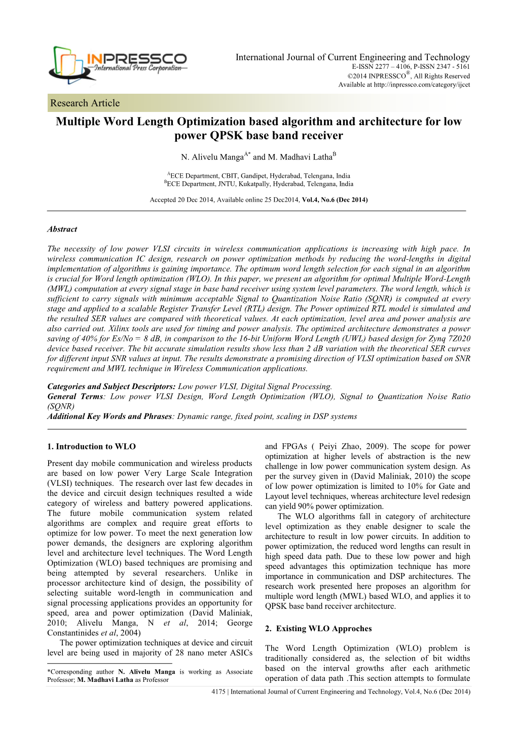 Multiple Word Length Optimization Based Algorithm and Architecture for Low Power QPSK Base Band Receiver