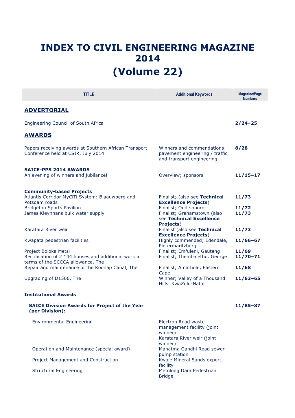 INDEX to CIVIL ENGINEERING MAGAZINE 2014 (Volume 22)