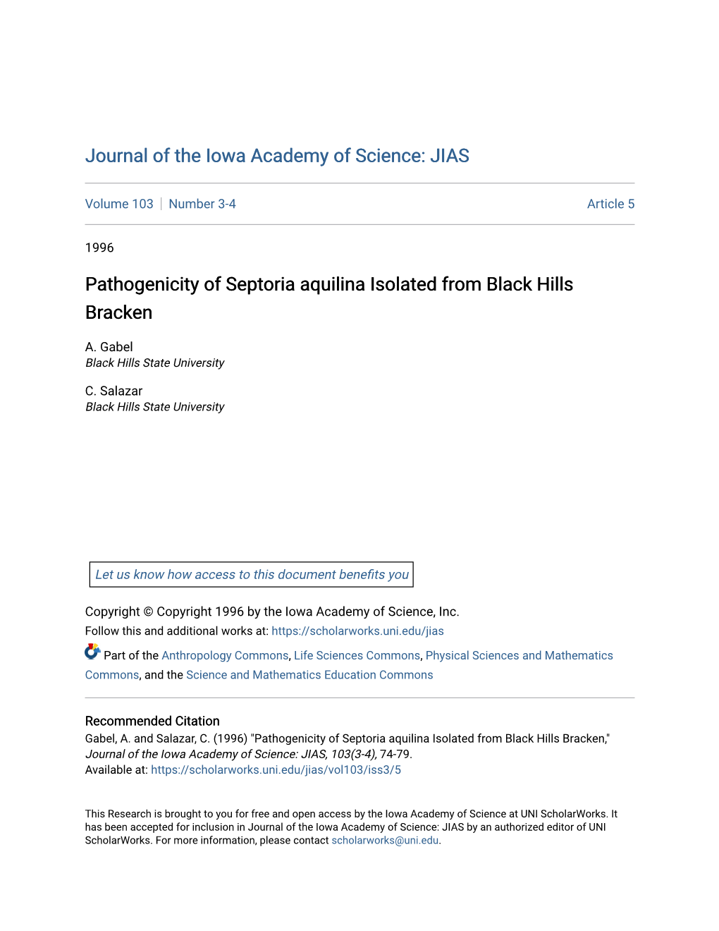 Pathogenicity of Septoria Aquilina Isolated from Black Hills Bracken