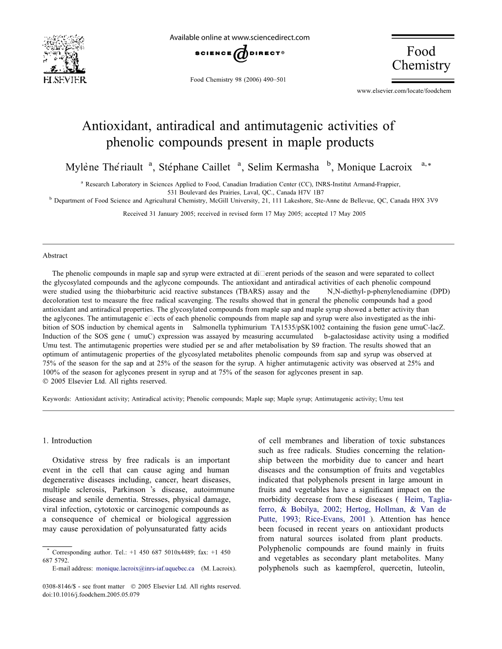 Antioxidant, Antiradical and Antimutagenic Activities of Phenolic Compounds Present in Maple Products