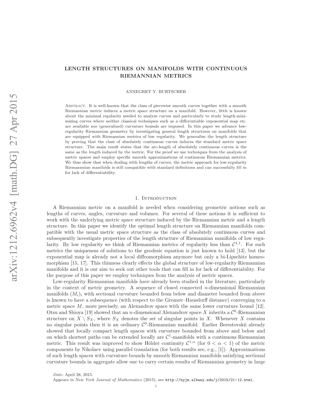 Arxiv:1212.6962V4 [Math.DG] 27 Apr 2015