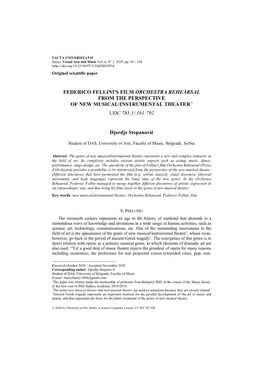Federico Fellini's Film Orchestra Rehearsal from the Perspective of New Musical/Instrumental Theater * Udc 785.1/.161:792