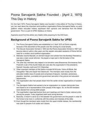 Poona Sarvajanik Sabha Founded - [April 2, 1870] This Day in History