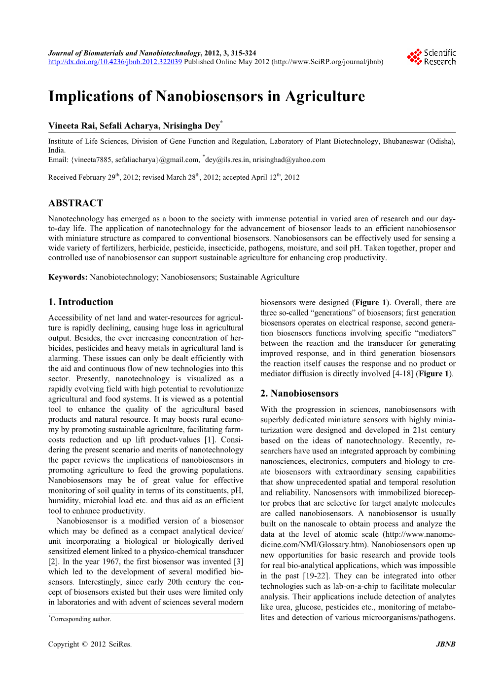 Implications of Nanobiosensors in Agriculture