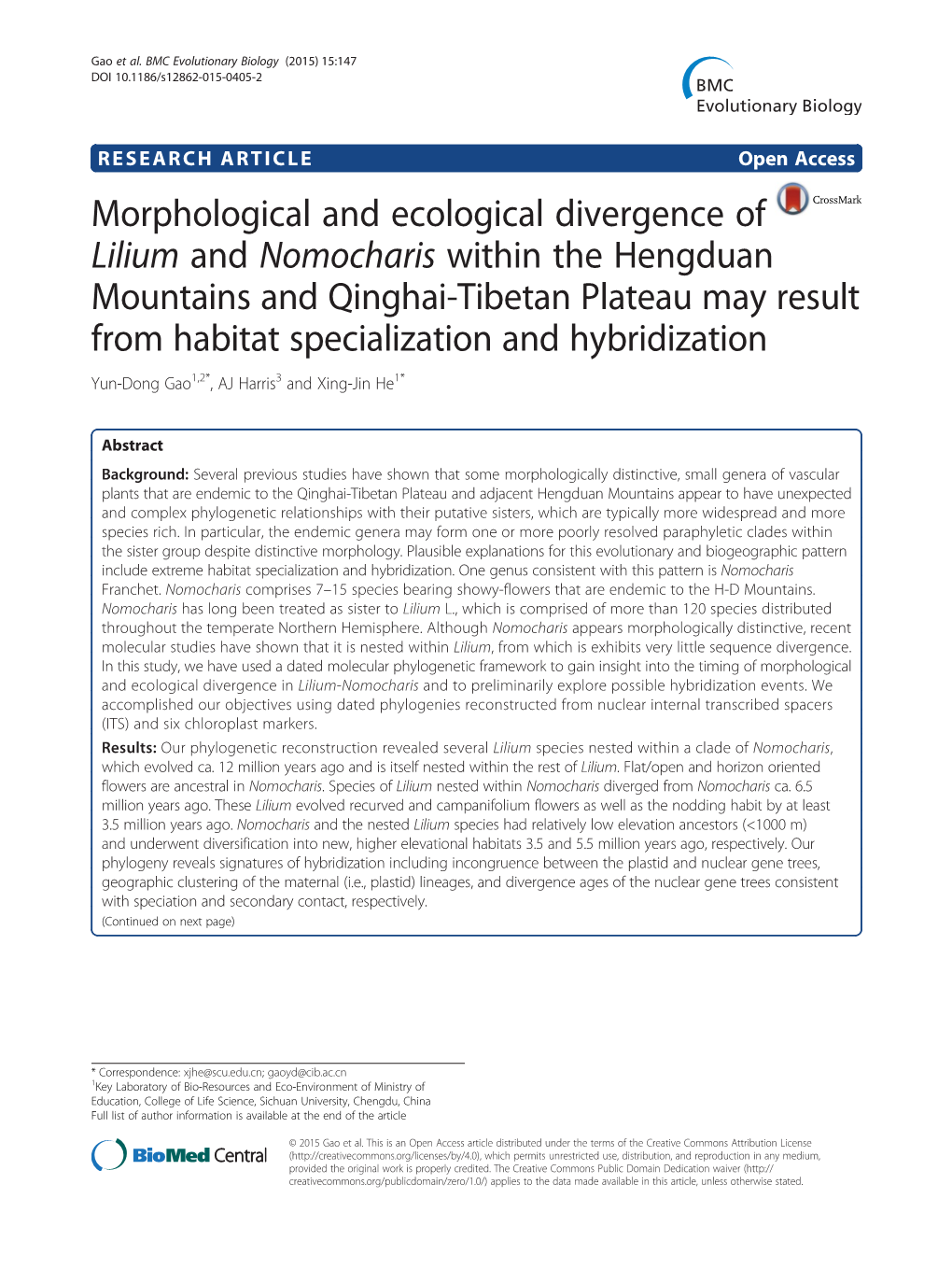 Morphological and Ecological Divergence of Lilium And