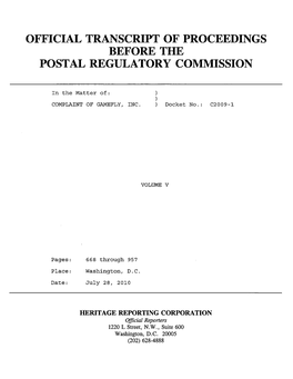 Official Transcript of Proceedings Before the Postal Regulatory Commission