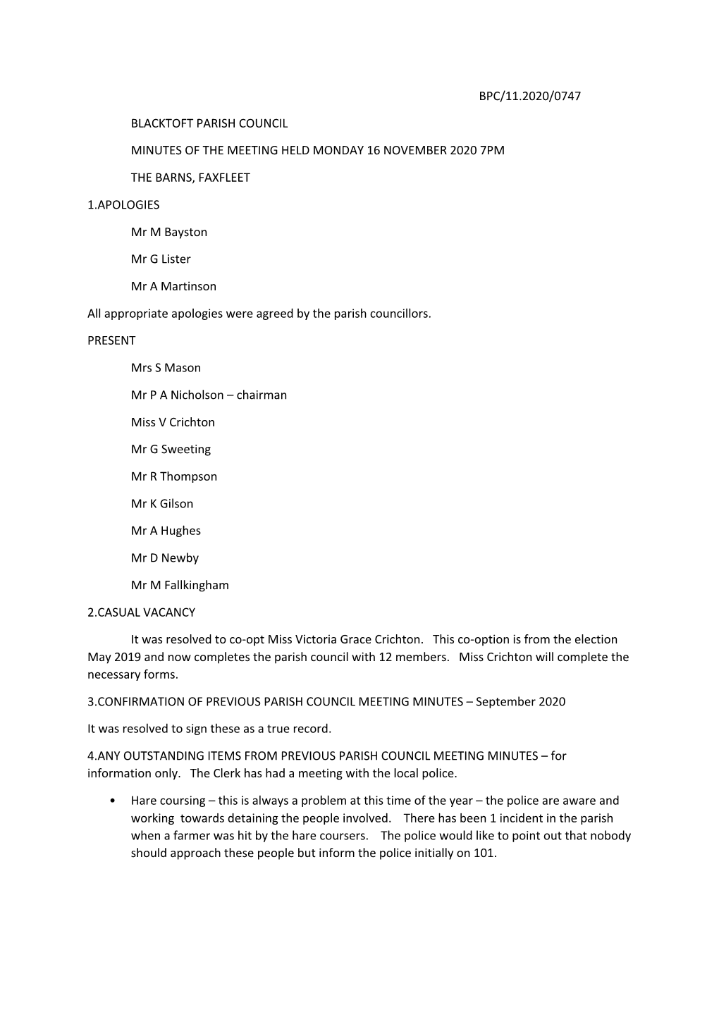 Bpc/11.2020/0747 Blacktoft Parish Council Minutes Of