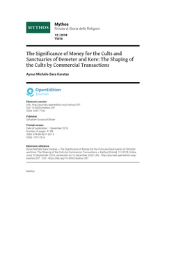 The Significance of Money for the Cults and Sanctuaries of Demeter and Kore: the Shaping of the Cults by Commercial Transactions