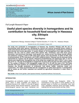 Useful Plant Species Diversity in Homegardens and Its Contribution to Household Food Security in Hawassa City, Ethiopia