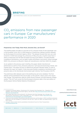 CO2 Emissions from New Passenger Cars in Europe: Car Manufacturers’ Performance in 2020