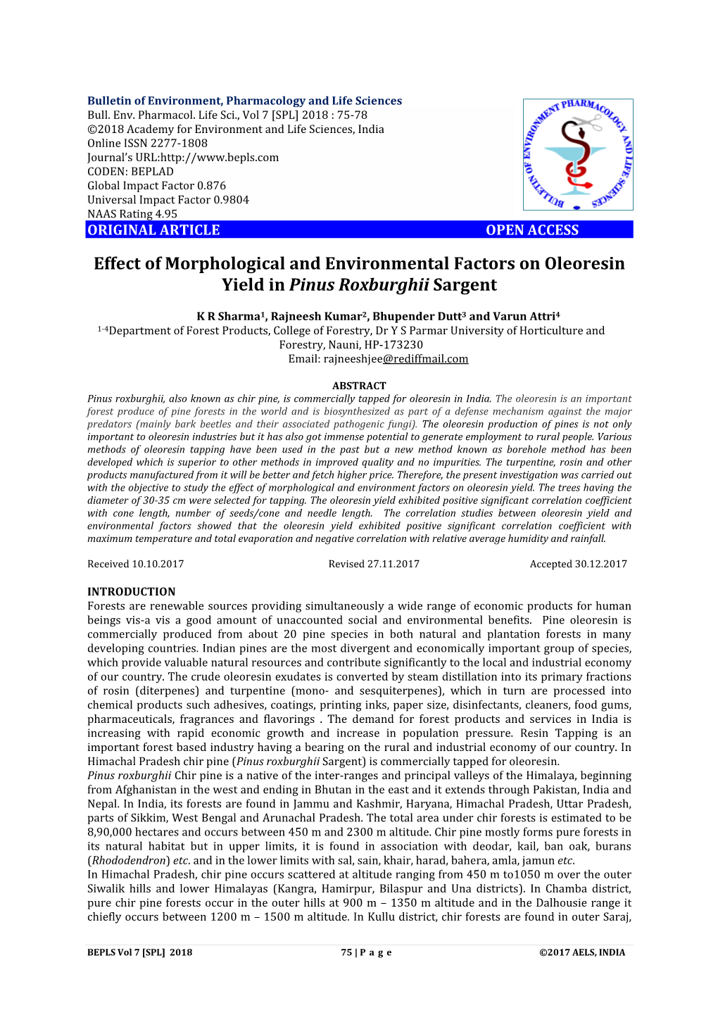 Effect of Morphological and Environmental Factors on Oleoresin Yield in Pinus Roxburghii Sargent