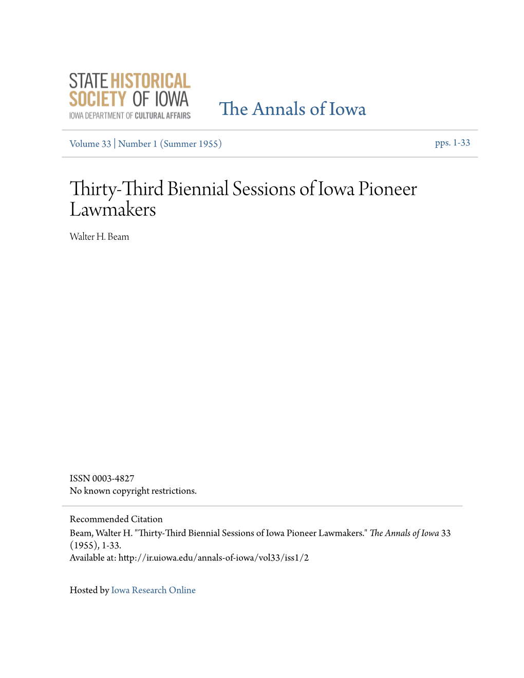 Thirty-Third Biennial Sessions of Iowa Pioneer Lawmakers Walter H