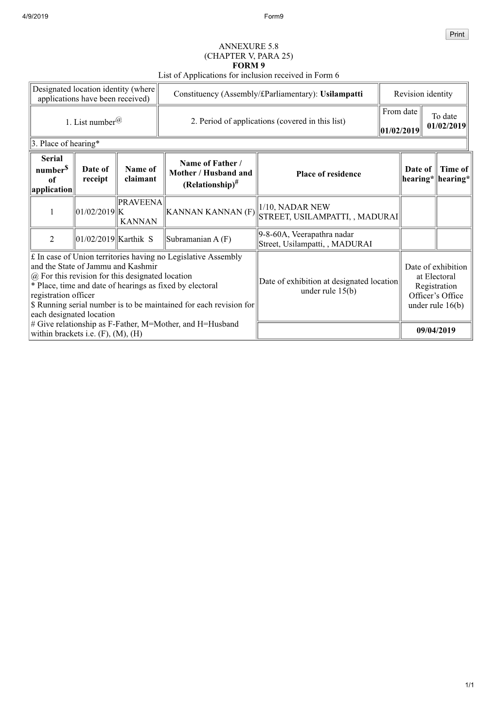 ANNEXURE 5.8 (CHAPTER V, PARA 25) FORM 9 List of Applications For