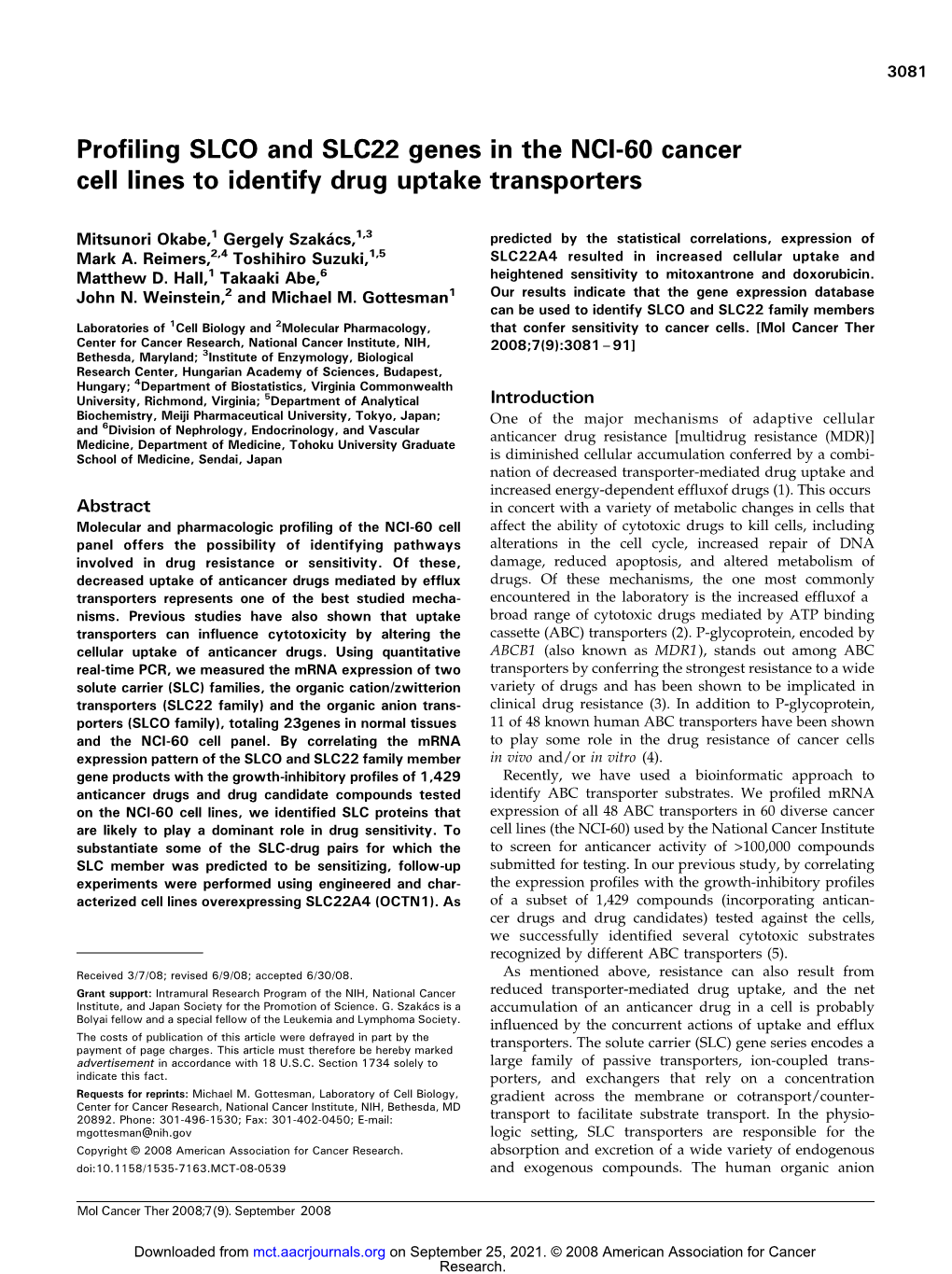 Profiling SLCO and SLC22 Genes in the NCI-60 Cancer Cell Lines to Identify Drug Uptake Transporters