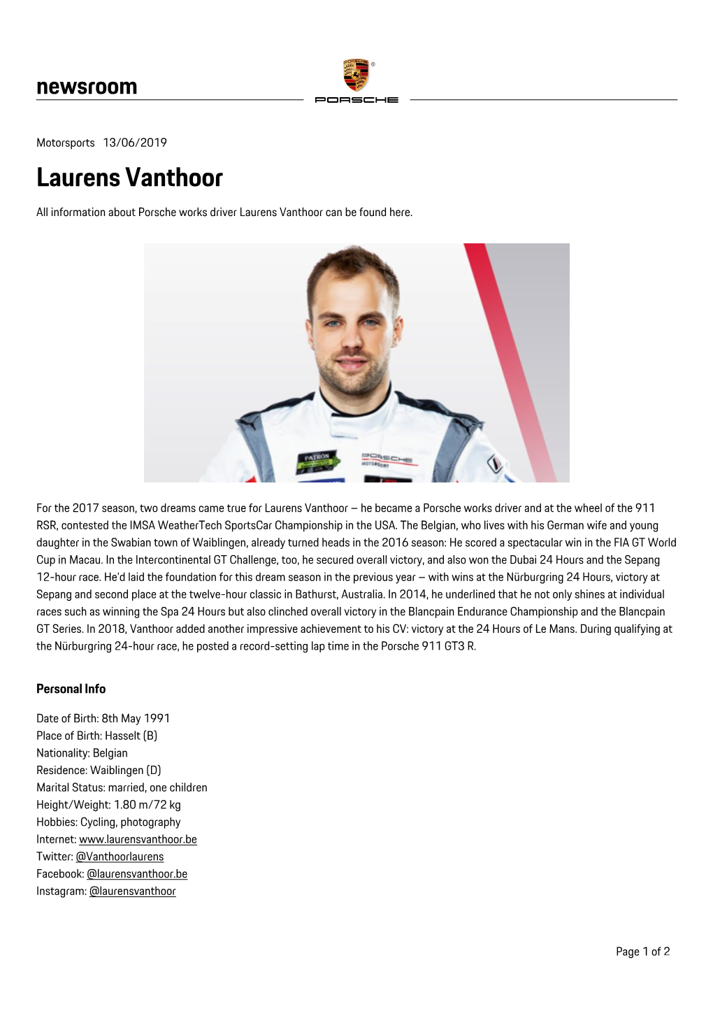 Laurens Vanthoor All Information About Porsche Works Driver Laurens Vanthoor Can Be Found Here