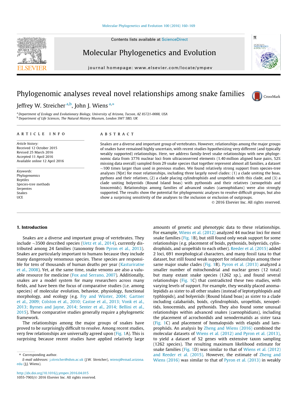 Phylogenomic Analyses Reveal Novel Relationships Among Snake Families ⇑ Jeffrey W