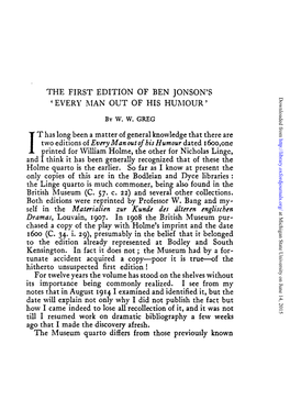 The First Edition of Ben Jonson's • Every Man out Of