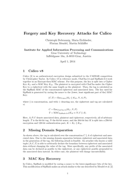 Forgery and Key Recovery Attacks for Calico