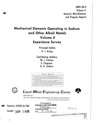 Mechanical Elements Operating in Sodium and Other Alkali Metals Volume II Experience Survey