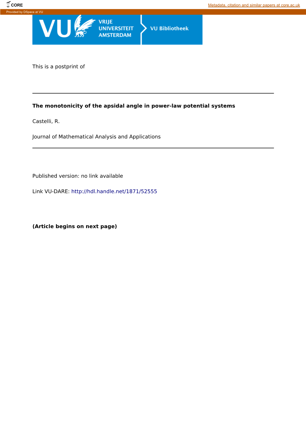 This Is a Postprint of the Monotonicity of the Apsidal Angle in Power-Law