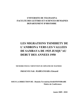 Les Migrations Tsimihety De L'androna Vers Les Vallees