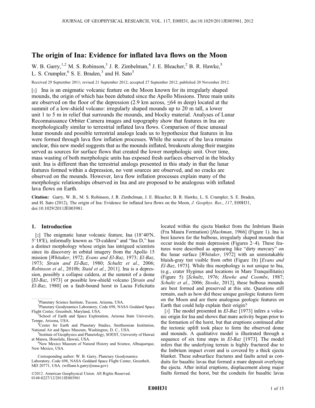 The Origin of Ina: Evidence for Inflated Lava Flows on the Moon W