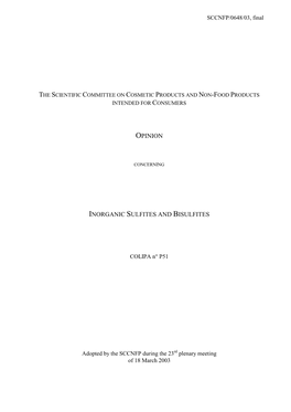 Opinion of the SCCNFP on Inorganic Sulfites and Bisulfites