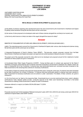 ANSWERED ON:07.12.2004 CENTRAL ASSISTANCE for URBAN DEVELOPMENT SCHEMES Mahato Shri Sunil Kumar;Rana Shri Kashi Ram