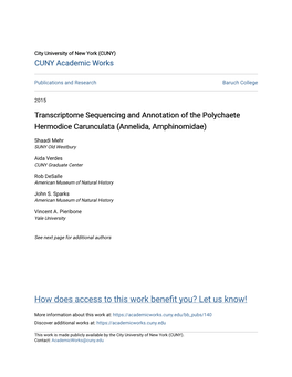 Transcriptome Sequencing and Annotation of the Polychaete Hermodice Carunculata (Annelida, Amphinomidae)