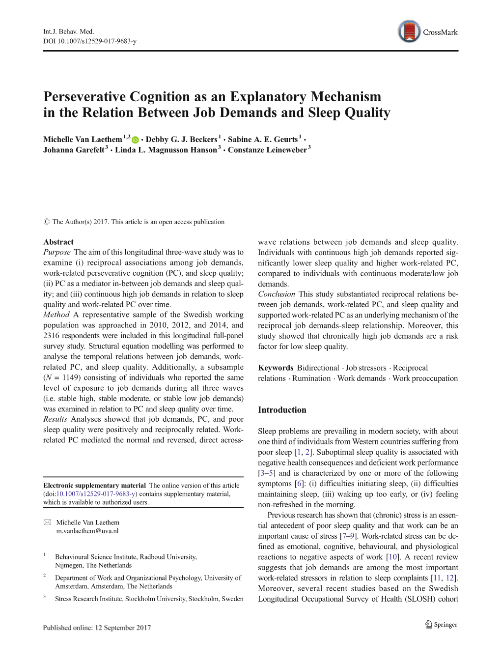 Perseverative Cognition As an Explanatory Mechanism in the Relation Between Job Demands and Sleep Quality