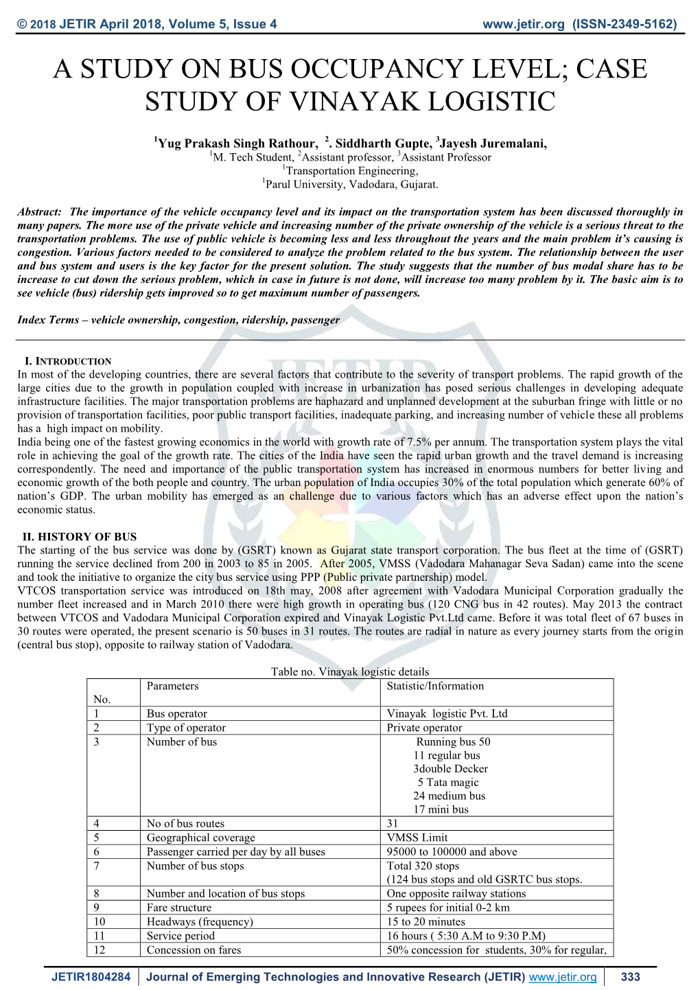 A Study on Bus Occupancy Level; Case Study of Vinayak Logistic