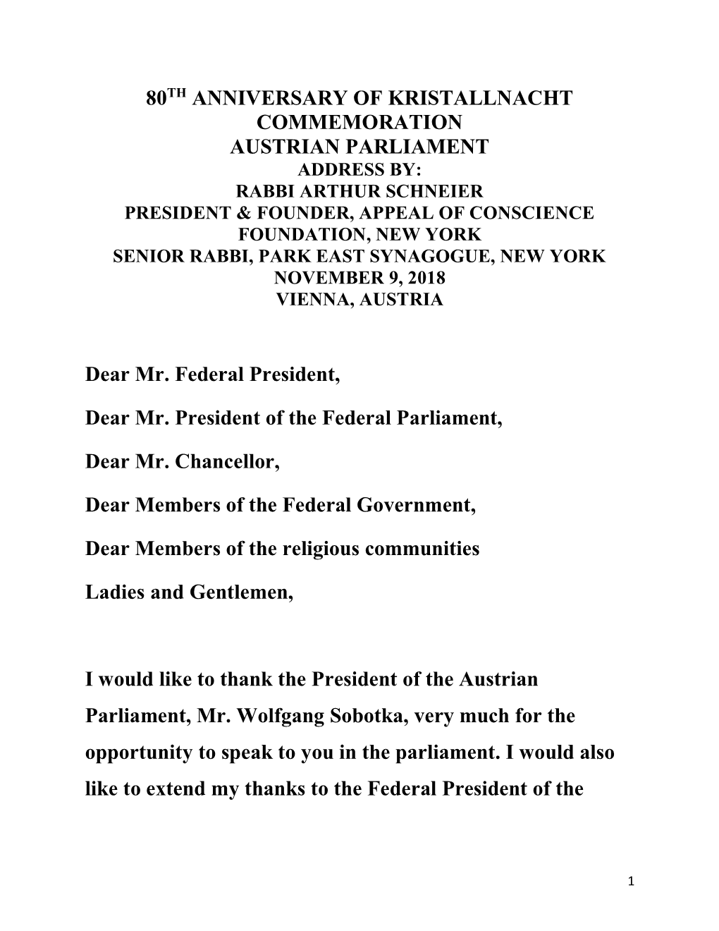 To Read Rabbi Schneier's Speech