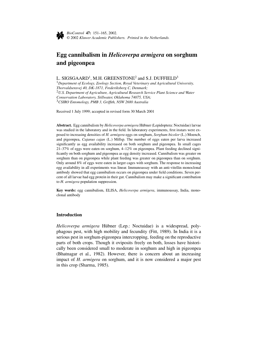 Egg Cannibalism in Helicoverpa Armigera on Sorghum and Pigeonpea