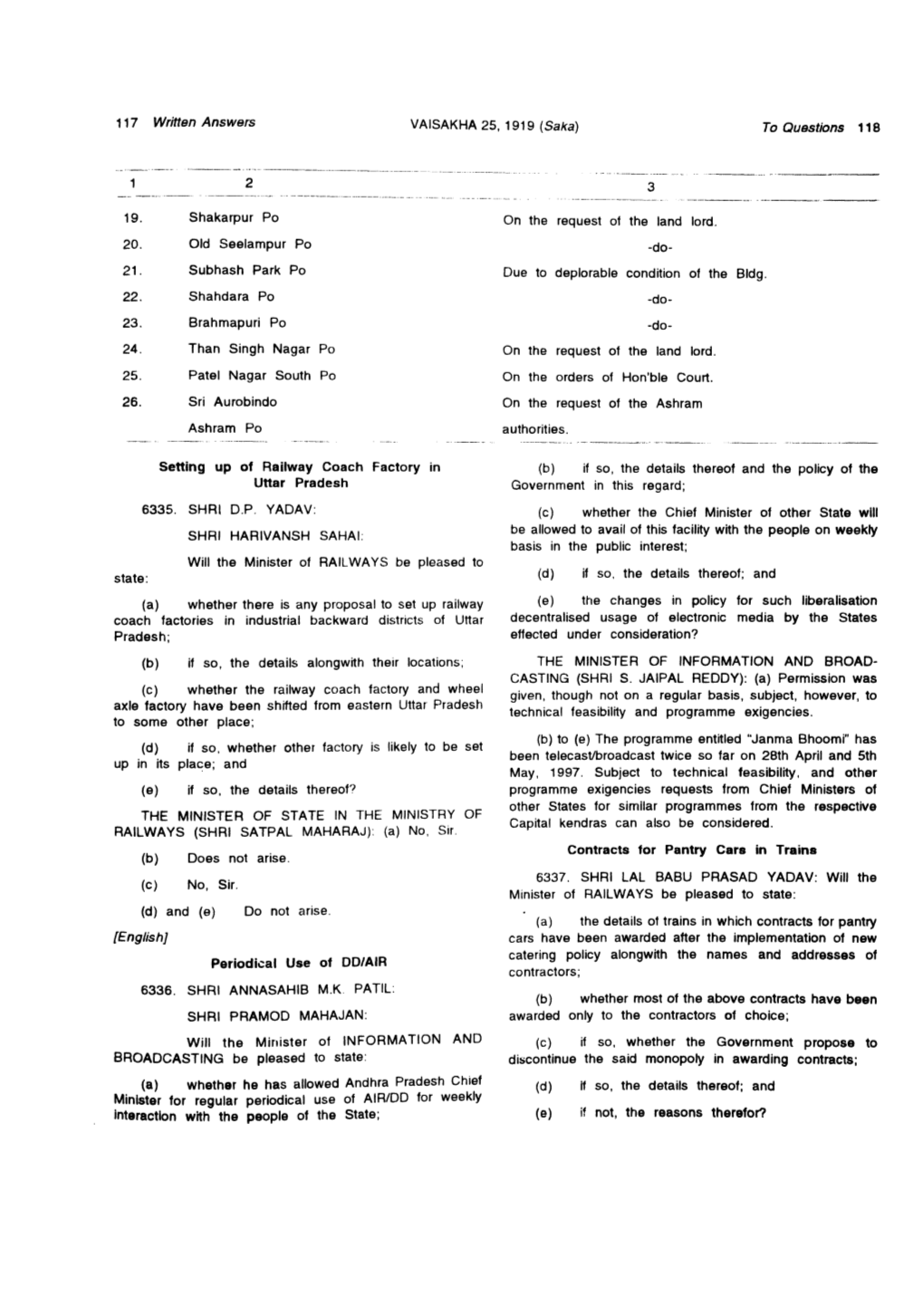 117 Written Answers VAISAKHA 25, 1919 (Saka) to Questions 118 1 2