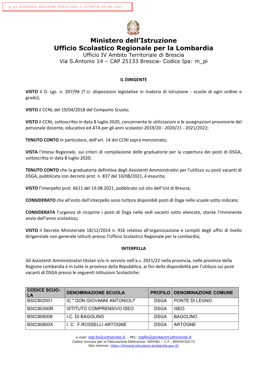 Ministero Dell'istruzione Ufficio Scolastico Regionale Per La