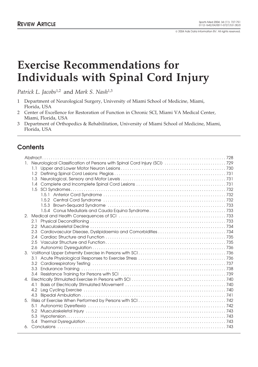 Exercise Recommendations for Individuals with Spinal Cord Injury Patrick L