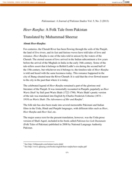 Heer-Ranjha: a Folk Tale from Pakistan Translated by Muhammad Sheeraz