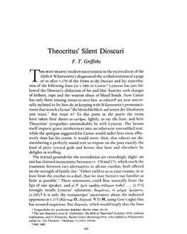 Theocritus' Silent Dioscuri Griffiths, F T Greek, Roman and Byzantine Studies; Winter 1976; 17, 4; Proquest Pg