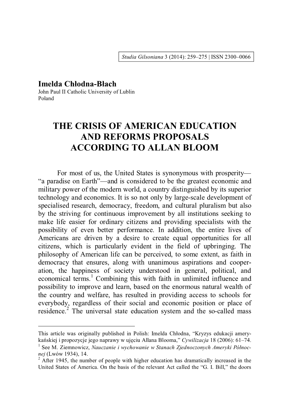 The Crisis of American Education and Reforms Proposals According to Allan Bloom